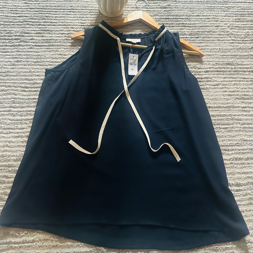 LOFT Dark Blue Sleeveless Blouse with Light Trim